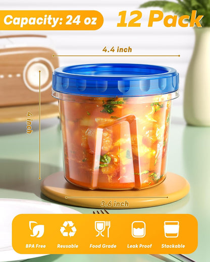 24 oz Freezer Storage Containers, Plastic Food Storage Containers with Twist Top Lids, BPA Free and Reusable Soup Containers with Lids, Leakproof/Microwave/Dishwasher Safe