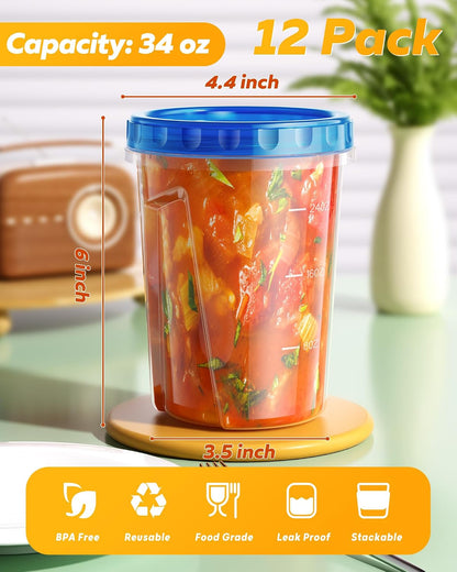 24 oz Freezer Storage Containers, Plastic Food Storage Containers with Twist Top Lids, BPA Free and Reusable Soup Containers with Lids, Leakproof/Microwave/Dishwasher Safe