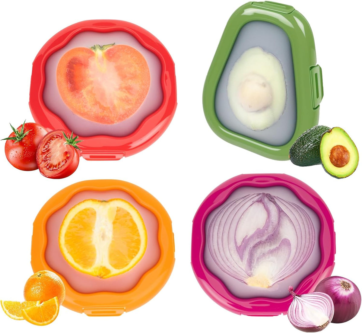 Avocado Saver and Onion Holder-4Pcs Fruit Fresh Storage Containers | Reusable Silicone, Refrigerator Use, For Fruits & Vegetable Containers, Fits Apples, Lemons, Potatoes, Oranges,Tomatoes