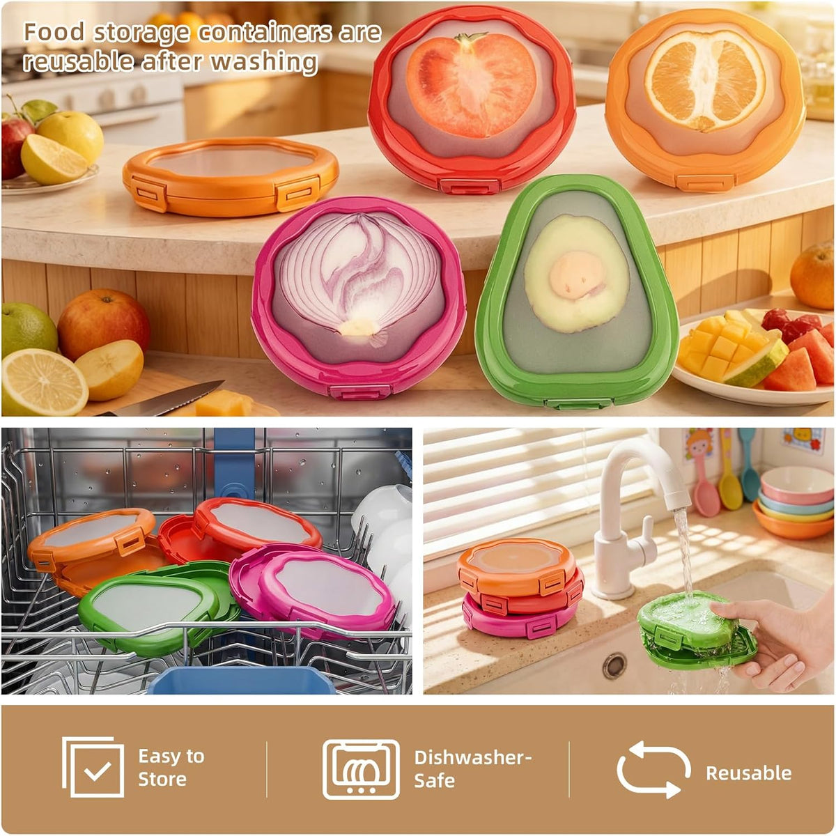 Avocado Saver and Onion Holder-4Pcs Fruit Fresh Storage Containers | Reusable Silicone, Refrigerator Use, For Fruits & Vegetable Containers, Fits Apples, Lemons, Potatoes, Oranges,Tomatoes
