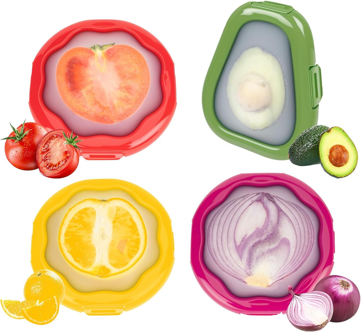 Avocado Saver and Onion Holder-4Pcs Fruit Fresh Storage Containers | Reusable Silicone, Refrigerator Use, For Fruits & Vegetable Containers, Fits Apples, Lemons, Potatoes, Oranges,Tomatoes
