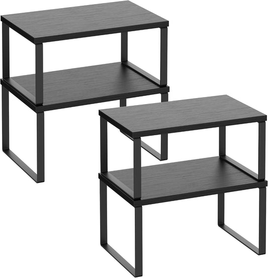 Kitchen Cabinet Organizer Shelf Set of 4, Sturdy Kitchen Counter Shelves with Metal Legs, Stackable Expandable Wood Spice Rack Pantry Cupboard Dish Mug Cup Storage Organizer Shelf, Rustic Brown