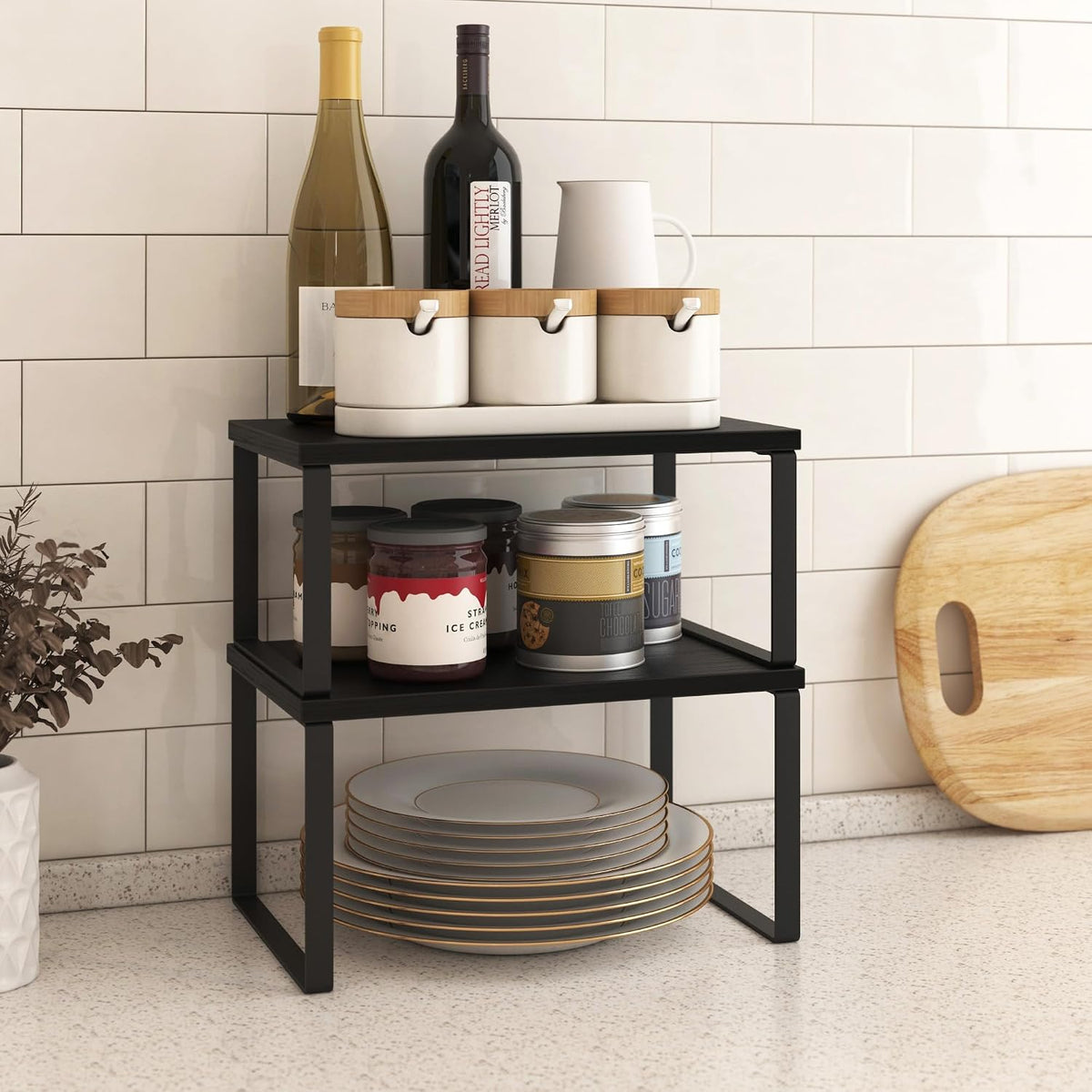 Kitchen Cabinet Organizer Shelf Set of 4, Sturdy Kitchen Counter Shelves with Metal Legs, Stackable Expandable Wood Spice Rack Pantry Cupboard Dish Mug Cup Storage Organizer Shelf, Rustic Brown