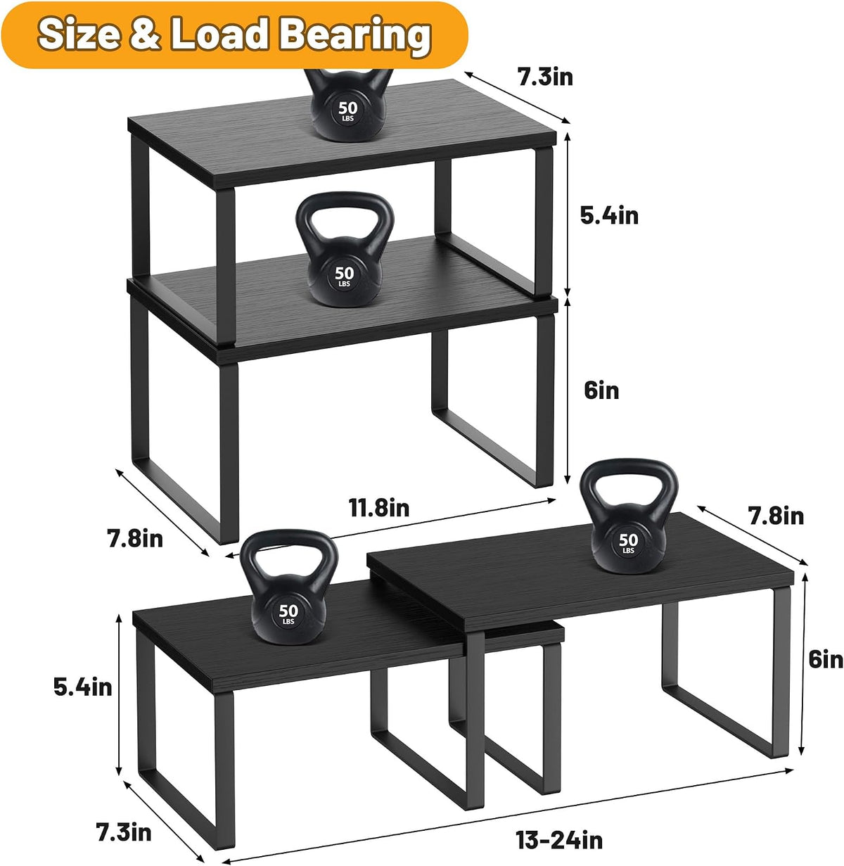 Kitchen Cabinet Organizer Shelf Set of 4, Sturdy Kitchen Counter Shelves with Metal Legs, Stackable Expandable Wood Spice Rack Pantry Cupboard Dish Mug Cup Storage Organizer Shelf, Rustic Brown