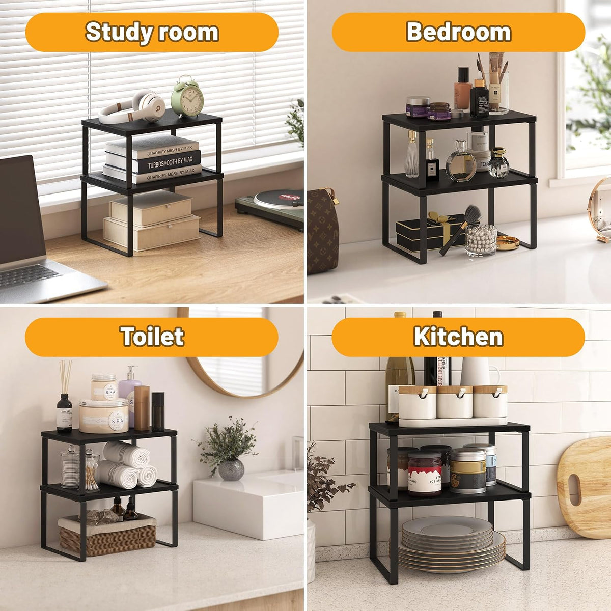 Kitchen Cabinet Organizer Shelf Set of 4, Sturdy Kitchen Counter Shelves with Metal Legs, Stackable Expandable Wood Spice Rack Pantry Cupboard Dish Mug Cup Storage Organizer Shelf, Rustic Brown