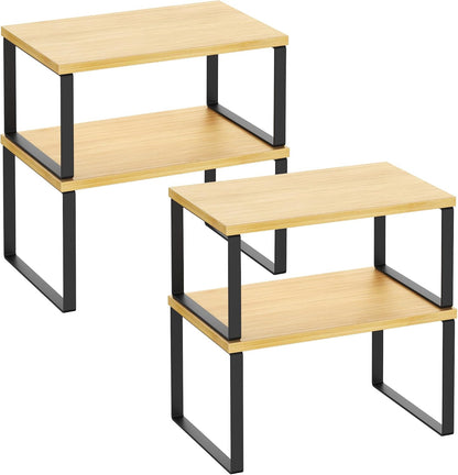Kitchen Cabinet Organizer Shelf Set of 4, Sturdy Kitchen Counter Shelves with Metal Legs, Stackable Expandable Wood Spice Rack Pantry Cupboard Dish Mug Cup Storage Organizer Shelf, Rustic Brown