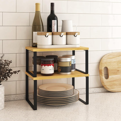 Kitchen Cabinet Organizer Shelf Set of 4, Sturdy Kitchen Counter Shelves with Metal Legs, Stackable Expandable Wood Spice Rack Pantry Cupboard Dish Mug Cup Storage Organizer Shelf, Rustic Brown