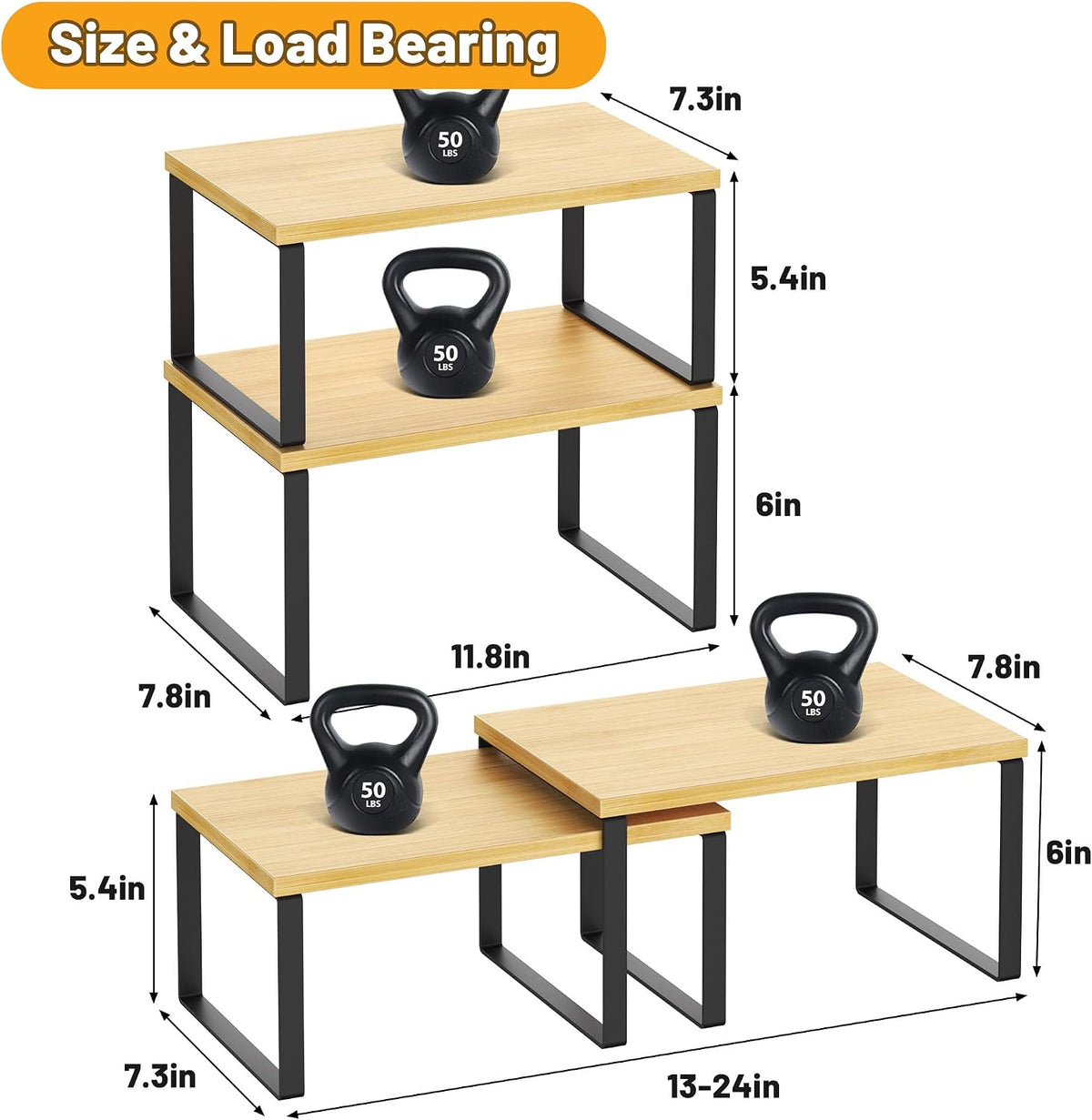 Kitchen Cabinet Organizer Shelf Set of 4, Sturdy Kitchen Counter Shelves with Metal Legs, Stackable Expandable Wood Spice Rack Pantry Cupboard Dish Mug Cup Storage Organizer Shelf, Rustic Brown