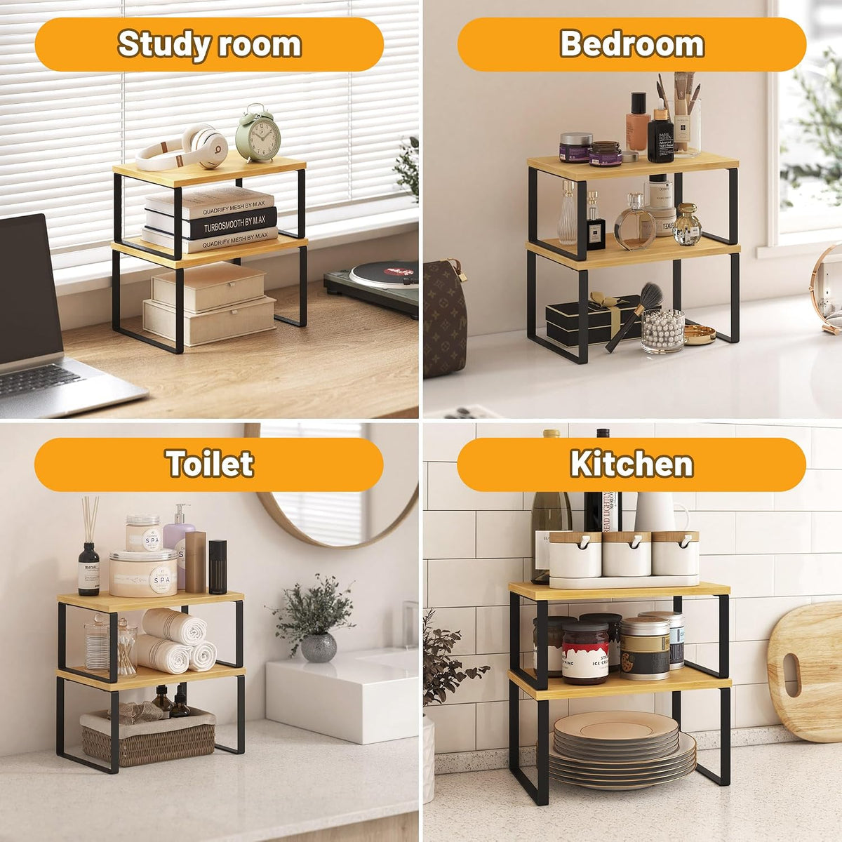 Kitchen Cabinet Organizer Shelf Set of 4, Sturdy Kitchen Counter Shelves with Metal Legs, Stackable Expandable Wood Spice Rack Pantry Cupboard Dish Mug Cup Storage Organizer Shelf, Rustic Brown