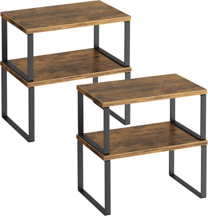 Kitchen Cabinet Organizer Shelf Set of 4, Sturdy Kitchen Counter Shelves with Metal Legs, Stackable Expandable Wood Spice Rack Pantry Cupboard Dish Mug Cup Storage Organizer Shelf, Rustic Brown