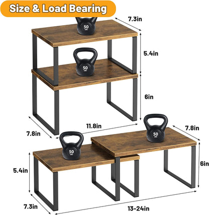 Kitchen Cabinet Organizer Shelf Set of 4, Sturdy Kitchen Counter Shelves with Metal Legs, Stackable Expandable Wood Spice Rack Pantry Cupboard Dish Mug Cup Storage Organizer Shelf, Rustic Brown