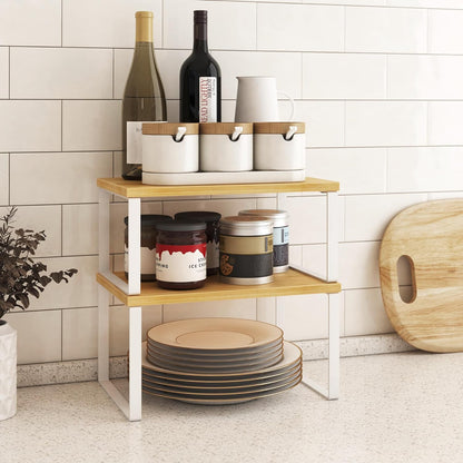 Kitchen Cabinet Organizer Shelf Set of 4, Sturdy Kitchen Counter Shelves with Metal Legs, Stackable Expandable Wood Spice Rack Pantry Cupboard Dish Mug Cup Storage Organizer Shelf, Rustic Brown