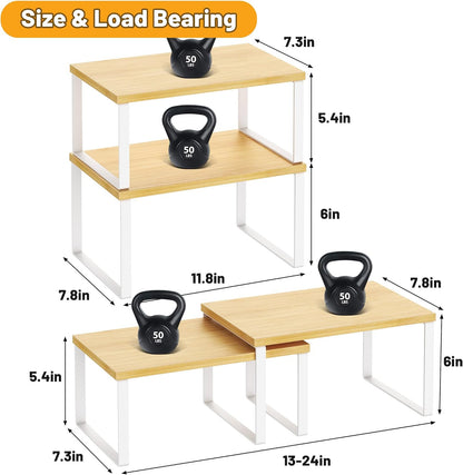 Kitchen Cabinet Organizer Shelf Set of 4, Sturdy Kitchen Counter Shelves with Metal Legs, Stackable Expandable Wood Spice Rack Pantry Cupboard Dish Mug Cup Storage Organizer Shelf, Rustic Brown