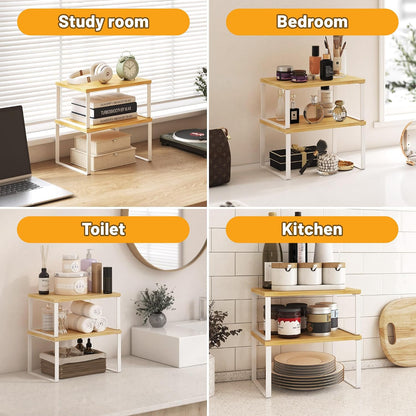 Kitchen Cabinet Organizer Shelf Set of 4, Sturdy Kitchen Counter Shelves with Metal Legs, Stackable Expandable Wood Spice Rack Pantry Cupboard Dish Mug Cup Storage Organizer Shelf, Rustic Brown