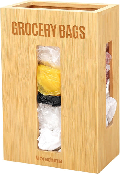 Extra Large Bamboo Grocery Bag Holder for Plastic Bags | Open-top plastic bag holder with front and side access for countertop, cabinet, or wall-mounted storage. 8 x 5 x 13 in.