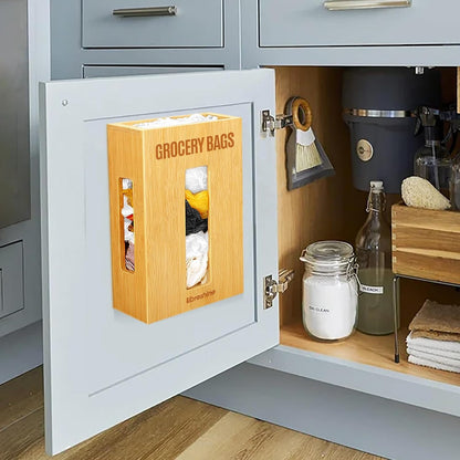 Extra Large Bamboo Grocery Bag Holder for Plastic Bags | Open-top plastic bag holder with front and side access for countertop, cabinet, or wall-mounted storage. 8 x 5 x 13 in.