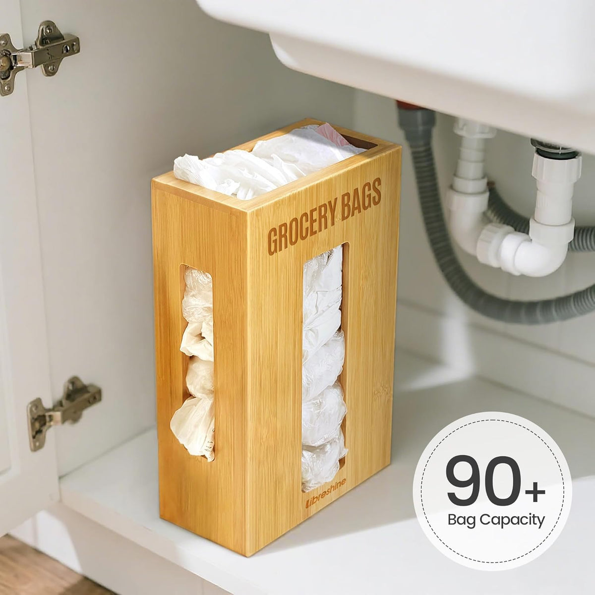 Extra Large Bamboo Grocery Bag Holder for Plastic Bags | Open-top plastic bag holder with front and side access for countertop, cabinet, or wall-mounted storage. 8 x 5 x 13 in.