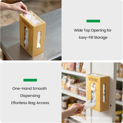 Extra Large Bamboo Grocery Bag Holder for Plastic Bags | Open-top plastic bag holder with front and side access for countertop, cabinet, or wall-mounted storage. 8 x 5 x 13 in.
