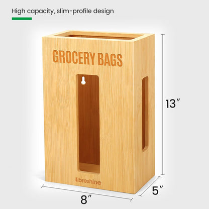 Extra Large Bamboo Grocery Bag Holder for Plastic Bags | Open-top plastic bag holder with front and side access for countertop, cabinet, or wall-mounted storage. 8 x 5 x 13 in.