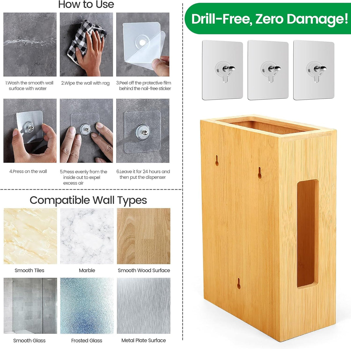 Extra Large Bamboo Grocery Bag Holder for Plastic Bags | Open-top plastic bag holder with front and side access for countertop, cabinet, or wall-mounted storage. 8 x 5 x 13 in.
