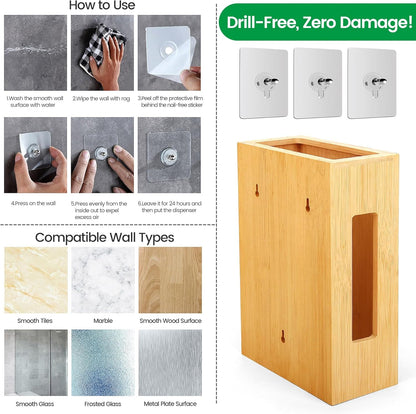 Extra Large Bamboo Grocery Bag Holder for Plastic Bags | Open-top plastic bag holder with front and side access for countertop, cabinet, or wall-mounted storage. 8 x 5 x 13 in.