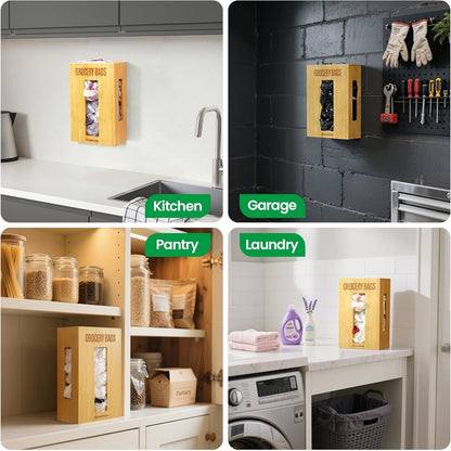 Extra Large Bamboo Grocery Bag Holder for Plastic Bags | Open-top plastic bag holder with front and side access for countertop, cabinet, or wall-mounted storage. 8 x 5 x 13 in.