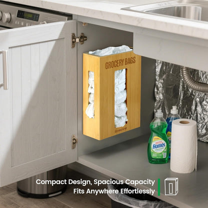 Extra Large Bamboo Grocery Bag Holder for Plastic Bags | Open-top plastic bag holder with front and side access for countertop, cabinet, or wall-mounted storage. 8 x 5 x 13 in.