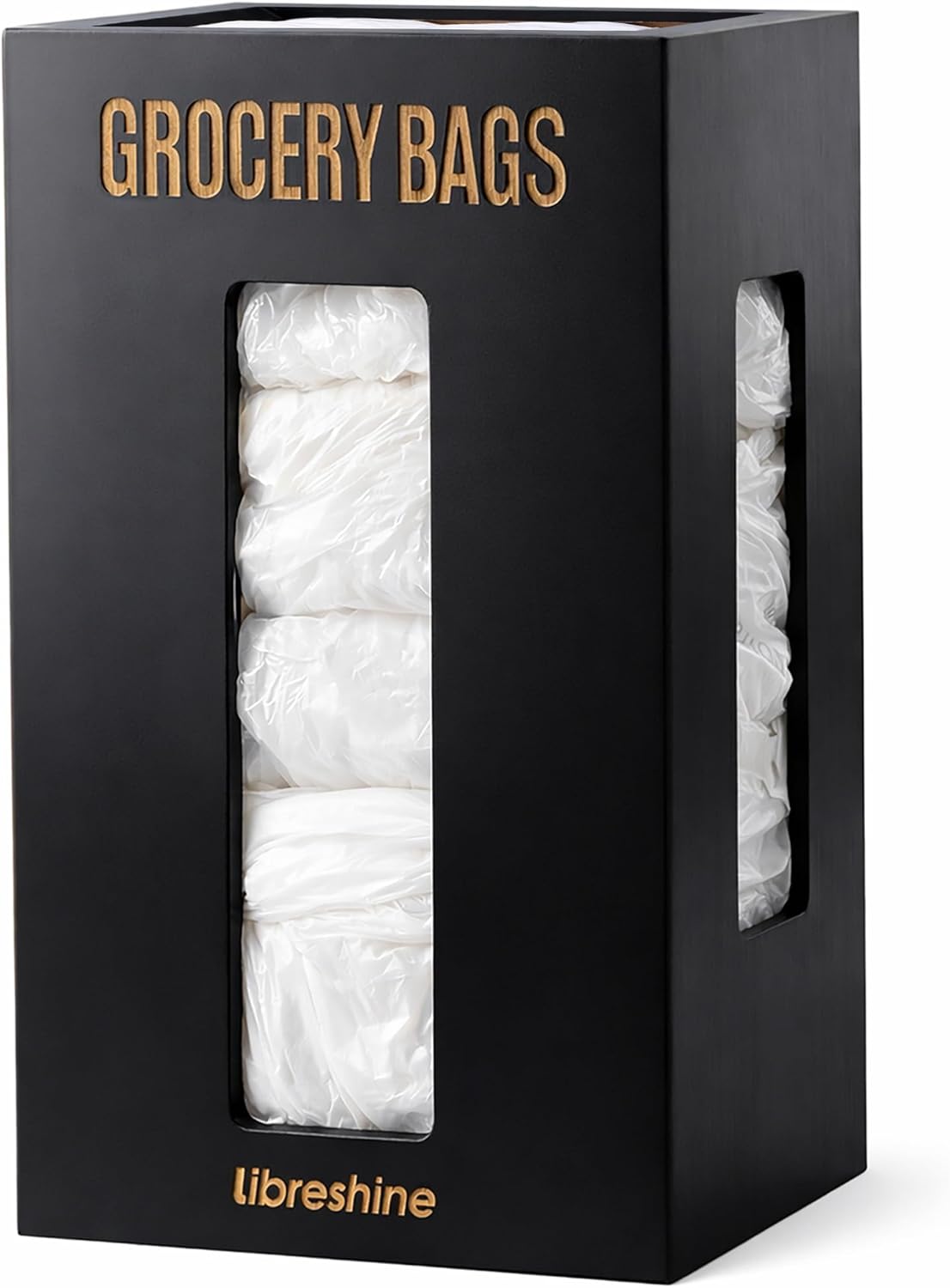 Extra Large Bamboo Grocery Bag Holder for Plastic Bags | Open-top plastic bag holder with front and side access for countertop, cabinet, or wall-mounted storage. 8 x 5 x 13 in.