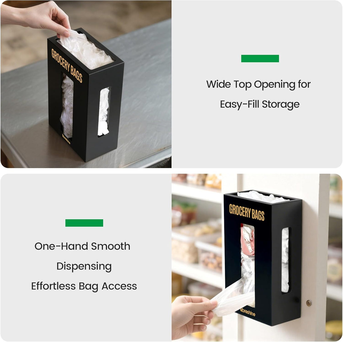 Extra Large Bamboo Grocery Bag Holder for Plastic Bags | Open-top plastic bag holder with front and side access for countertop, cabinet, or wall-mounted storage. 8 x 5 x 13 in.