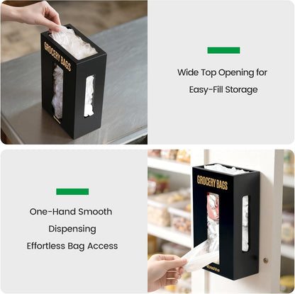 Extra Large Bamboo Grocery Bag Holder for Plastic Bags | Open-top plastic bag holder with front and side access for countertop, cabinet, or wall-mounted storage. 8 x 5 x 13 in.