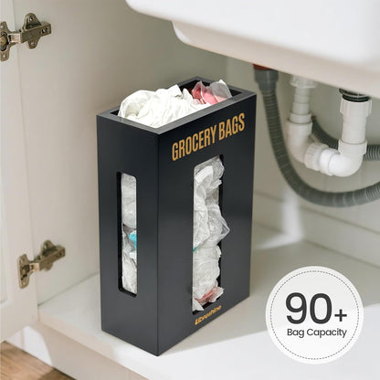 Extra Large Bamboo Grocery Bag Holder for Plastic Bags | Open-top plastic bag holder with front and side access for countertop, cabinet, or wall-mounted storage. 8 x 5 x 13 in.
