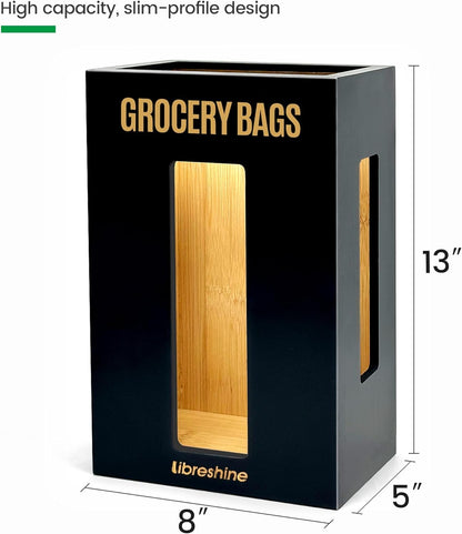 Extra Large Bamboo Grocery Bag Holder for Plastic Bags | Open-top plastic bag holder with front and side access for countertop, cabinet, or wall-mounted storage. 8 x 5 x 13 in.
