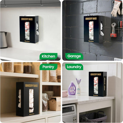 Extra Large Bamboo Grocery Bag Holder for Plastic Bags | Open-top plastic bag holder with front and side access for countertop, cabinet, or wall-mounted storage. 8 x 5 x 13 in.