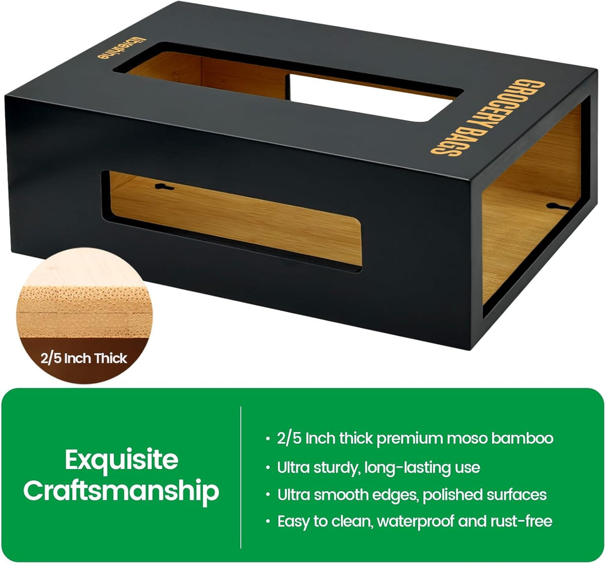Extra Large Bamboo Grocery Bag Holder for Plastic Bags | Open-top plastic bag holder with front and side access for countertop, cabinet, or wall-mounted storage. 8 x 5 x 13 in.