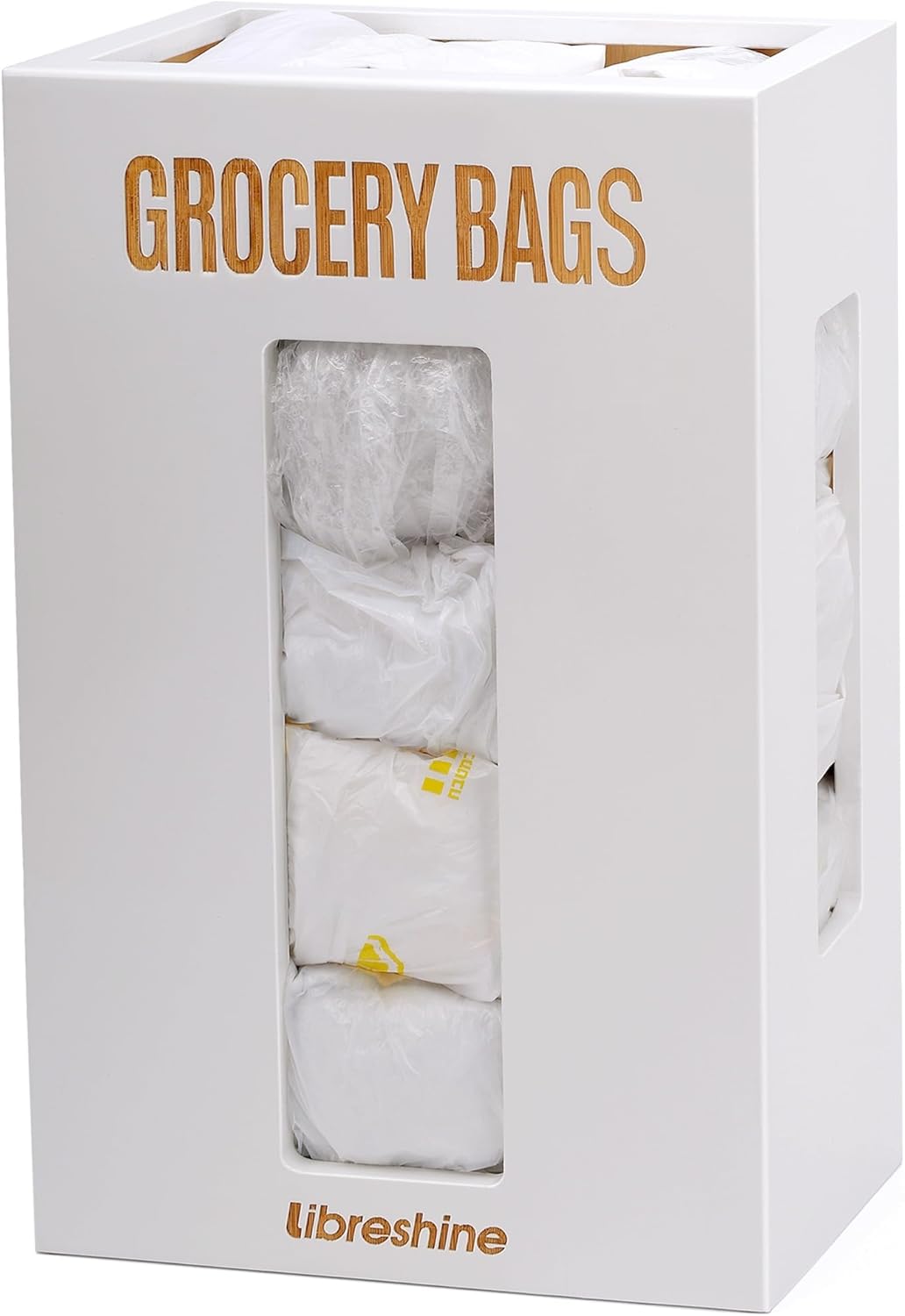 Extra Large Bamboo Grocery Bag Holder for Plastic Bags | Open-top plastic bag holder with front and side access for countertop, cabinet, or wall-mounted storage. 8 x 5 x 13 in.