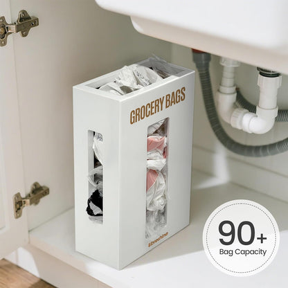 Extra Large Bamboo Grocery Bag Holder for Plastic Bags | Open-top plastic bag holder with front and side access for countertop, cabinet, or wall-mounted storage. 8 x 5 x 13 in.