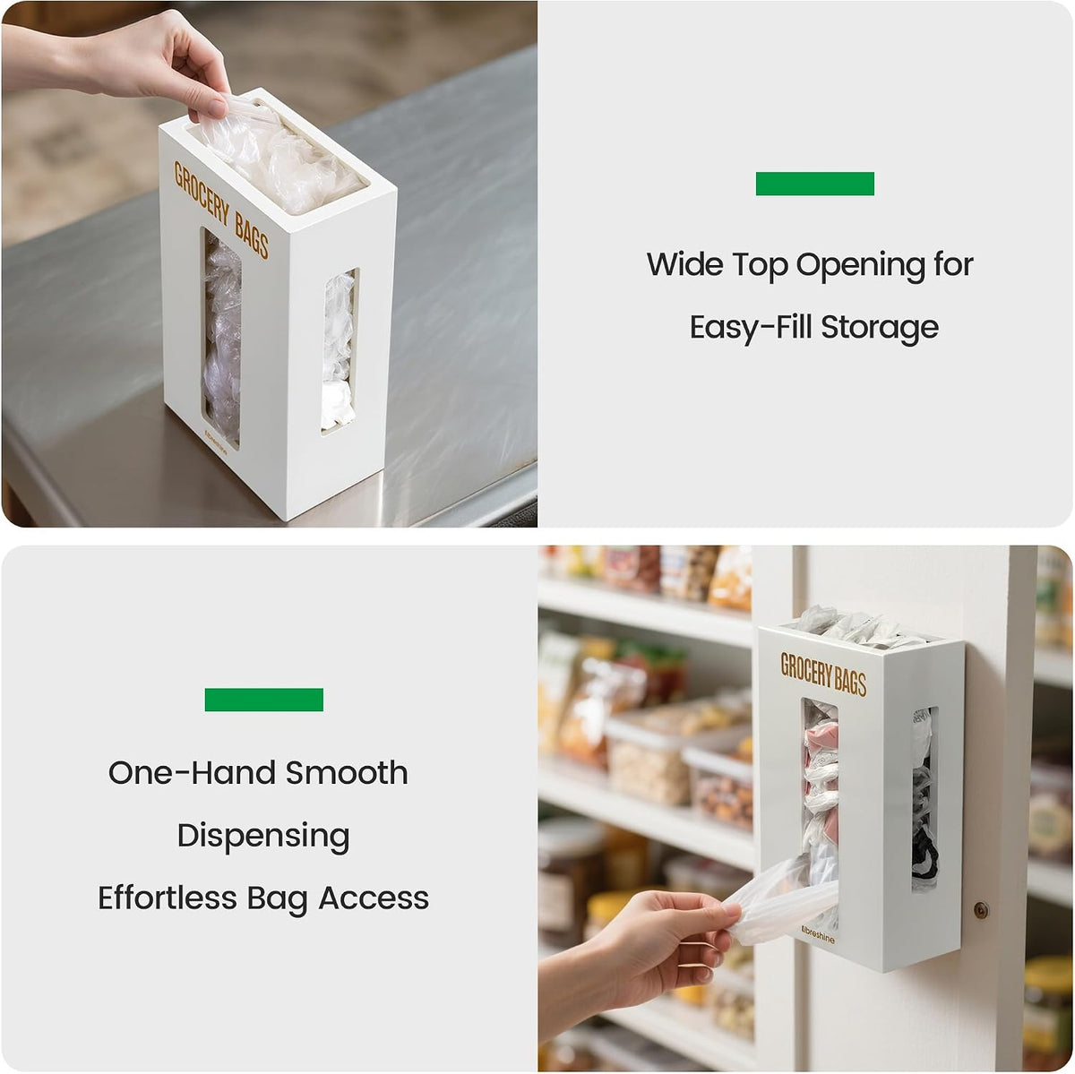 Extra Large Bamboo Grocery Bag Holder for Plastic Bags | Open-top plastic bag holder with front and side access for countertop, cabinet, or wall-mounted storage. 8 x 5 x 13 in.