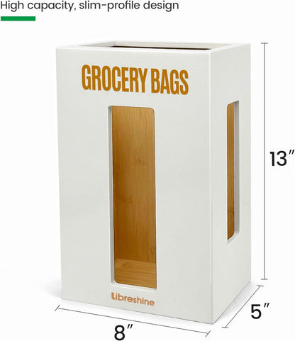 Extra Large Bamboo Grocery Bag Holder for Plastic Bags | Open-top plastic bag holder with front and side access for countertop, cabinet, or wall-mounted storage. 8 x 5 x 13 in.