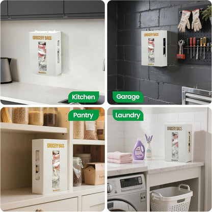 Extra Large Bamboo Grocery Bag Holder for Plastic Bags | Open-top plastic bag holder with front and side access for countertop, cabinet, or wall-mounted storage. 8 x 5 x 13 in.