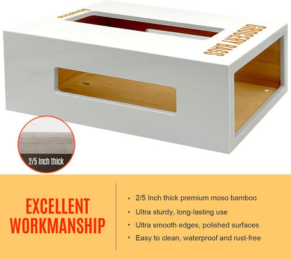 Extra Large Bamboo Grocery Bag Holder for Plastic Bags | Open-top plastic bag holder with front and side access for countertop, cabinet, or wall-mounted storage. 8 x 5 x 13 in.