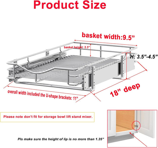 1 Tier Pull Out Cabinet Organizer (20" W x 18" D) Heavy-Duty Metal Sliding Drawer Shelf, Slide Out Wire Basket for Kitchen Cabinets, Pantry, Bathroom, Chrome Finish…