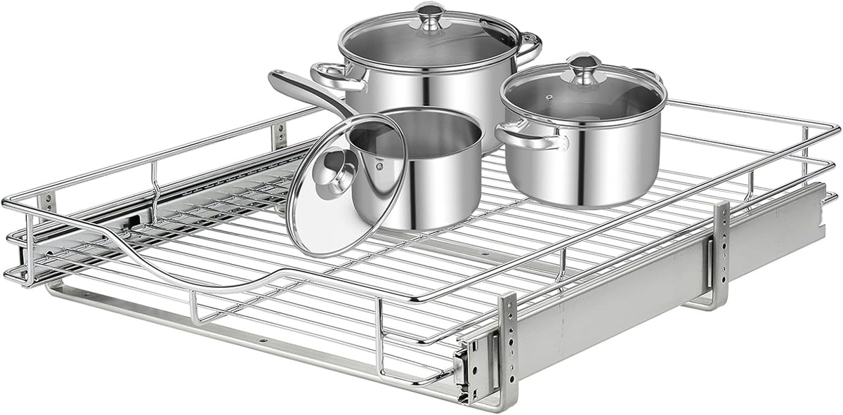1 Tier Pull Out Cabinet Organizer (20" W x 18" D) Heavy-Duty Metal Sliding Drawer Shelf, Slide Out Wire Basket for Kitchen Cabinets, Pantry, Bathroom, Chrome Finish…