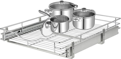 1 Tier Pull Out Cabinet Organizer (20" W x 18" D) Heavy-Duty Metal Sliding Drawer Shelf, Slide Out Wire Basket for Kitchen Cabinets, Pantry, Bathroom, Chrome Finish…