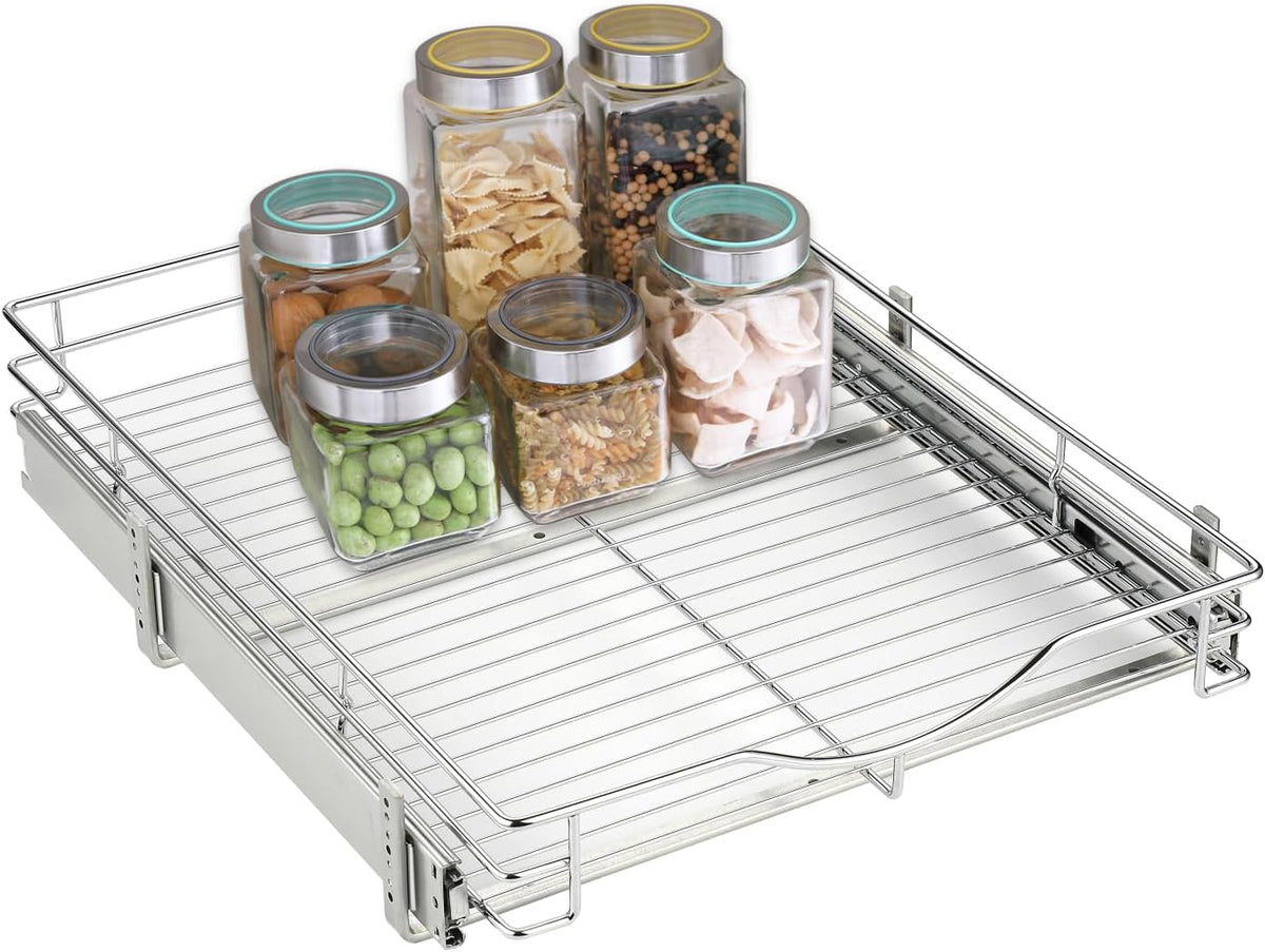 1 Tier Pull Out Cabinet Organizer (20" W x 18" D) Heavy-Duty Metal Sliding Drawer Shelf, Slide Out Wire Basket for Kitchen Cabinets, Pantry, Bathroom, Chrome Finish…