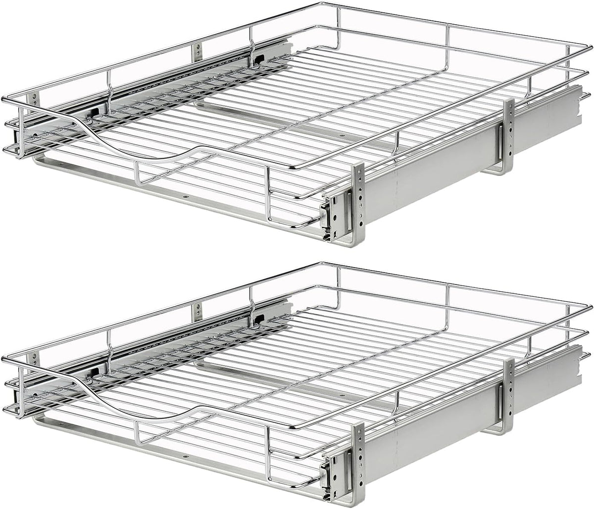 1 Tier Pull Out Cabinet Organizer (20" W x 18" D) Heavy-Duty Metal Sliding Drawer Shelf, Slide Out Wire Basket for Kitchen Cabinets, Pantry, Bathroom, Chrome Finish…