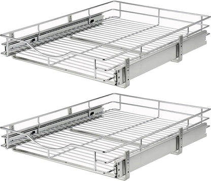 1 Tier Pull Out Cabinet Organizer (20" W x 18" D) Heavy-Duty Metal Sliding Drawer Shelf, Slide Out Wire Basket for Kitchen Cabinets, Pantry, Bathroom, Chrome Finish…