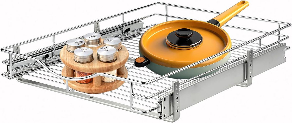1 Tier Pull Out Cabinet Organizer (20" W x 18" D) Heavy-Duty Metal Sliding Drawer Shelf, Slide Out Wire Basket for Kitchen Cabinets, Pantry, Bathroom, Chrome Finish…