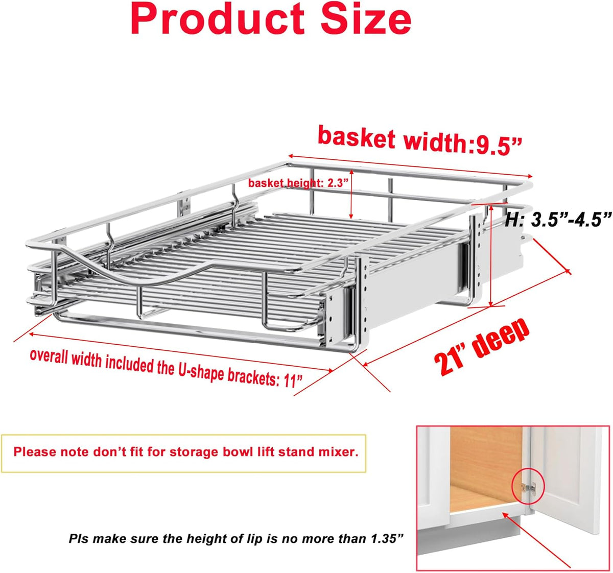 1 Tier Pull Out Cabinet Organizer (20" W x 18" D) Heavy-Duty Metal Sliding Drawer Shelf, Slide Out Wire Basket for Kitchen Cabinets, Pantry, Bathroom, Chrome Finish…