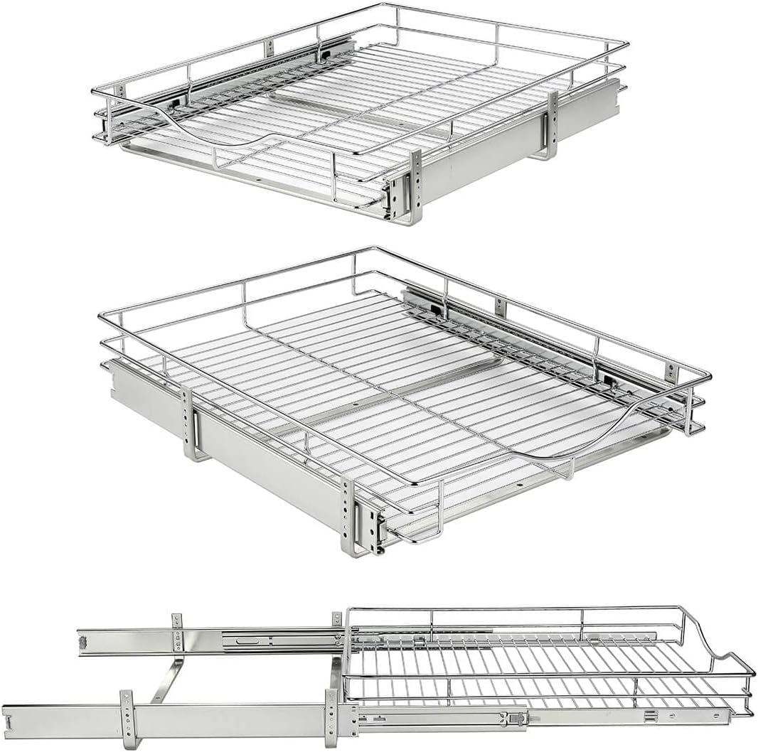 1 Tier Pull Out Cabinet Organizer (20" W x 18" D) Heavy-Duty Metal Sliding Drawer Shelf, Slide Out Wire Basket for Kitchen Cabinets, Pantry, Bathroom, Chrome Finish…