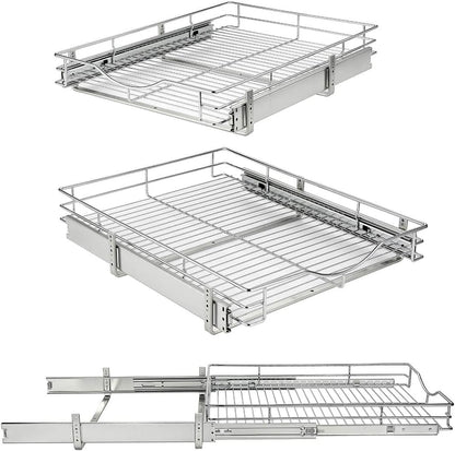 1 Tier Pull Out Cabinet Organizer (20" W x 18" D) Heavy-Duty Metal Sliding Drawer Shelf, Slide Out Wire Basket for Kitchen Cabinets, Pantry, Bathroom, Chrome Finish…